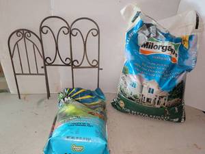 lot 3417 image: Lot of 2 Fertilizer Bags Milorga  Garden Weed Control  Metal Arbor Trellis