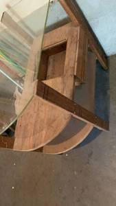 lot 3503 image: Wood Frame Corner tablewith Glass Top and Lower Shelves 24 x24x12 top corner chipped
