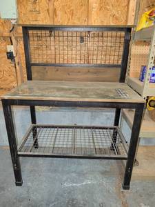 lot 3604 image: Two-Tier Work Bench with Wire Mesh Back and Wood Top 56x42x24 in garage