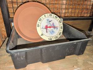 lot 3606 image: Outdoor Thermometer Lot Round Dial and Terra Cotta drip tray