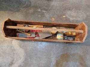 lot 3613 image: Wood Tool Tote Box with Assorted Hand Tools and Hardware 11x33x9