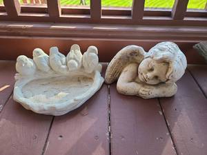 lot 4101 image: Cement bird feeder, 10in wide and angel yard decor.