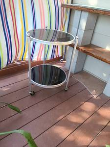 lot 4110 image: Two-Tier Oval Glass Rolling Cart with  Frame 26x17