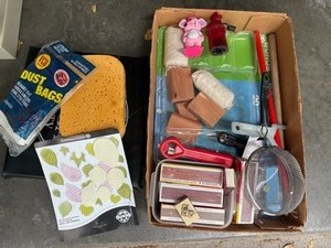 lot 3138 image: Miscellaneous items, including matches, cedar blocks sponge, safety outlet, plugs, drumsticks, and more