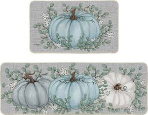 lot 530 image: Artoid Mode Pumpkin Eucalyptus Fall Kitchen Mats Set of 2, Home Decor Low-Profile Kitchen Rugs for Floor - 17x29 and 17x47 Inch
