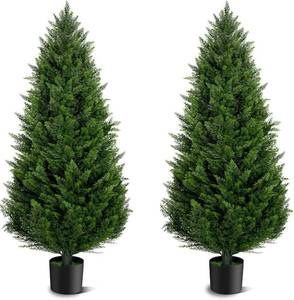 lot 2261 image: $140 AOKIIE 4FT Artificial Cedar Topiary Trees UV Protection for Outdoor 2PCS