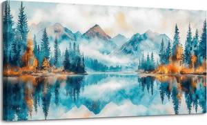 lot 2267 image: SLYCAY Extra Large Landscape Canvas Wall Art Mountain Forest Pictures Wall Decor, Blue Nature Lake Scenery Prints Painting Modern Artwork Living Room Bedroom Office 24X48