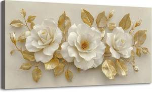 lot 2268 image: SLYCAY Large Modern White Floral Golden Leaves Canvas Wall Art Prints, Neutral Flowers Botanical Painting Pictures Boho Beige Blossom Wall Decor Artwork Bedroom Living Room Office 20X40