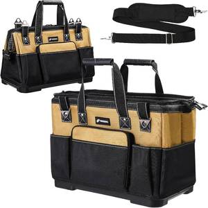 lot 3183 image: 20 IN Large Tool Bag For Men Heavy Duty, Drill Bag Tool Bag Organizer, Wide Mouth Waterproof Hard Bottom Multiple Pockets Tool Tote, Tool Caddy, Maintenance