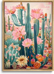 lot 3196 image: KISSFOX Framed Mexican Canvas Wall Art Cactus Desert Plant Poster Prints Vintage Green Pink Orange Botanical Floral Painting Colorful Southwestern Rustic Picture Decor Living Room Bathroom Bedroom