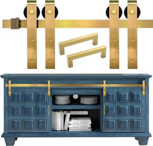lot 3205 image: Rio Salto Mini Gold Barn Door Hardware Kit 6FT with Handles, Double Pannel Cabinet Sliding Barn 72 Hardware Track for Sliding Furniture (Gold, 6FT Track Kit (Double Door)