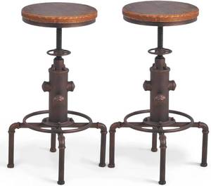 lot 3251 image: $157 Topower Antique Vintage Industrial Barstool Solid Wood Water Pipe Fire Hydrant Design Cafe Coffee Industrial Bar Stool Set of 2 Red Bronze