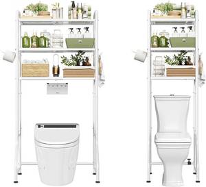 lot 5366 image: Simple Trending Expandable Over The Toilet Storage Rack, Metal 3 Tier Bathroom Organizer Shelf with Paper Holder and 3 Hooks, White