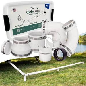 lot 5388 image: Fernco QwikCamp RV and Camper Sewer Waste Plumbing Connection System Kit with Slip Fit Coupling Adapter for 3-in. PVC Pipe and Pipe Stands in White