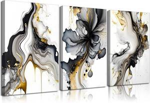lot 5426 image: ZQARTZZQ 3 Piece Framed Wall Art Abstract Wall Decor Black Gold and Pictures Marble Fluid Ink Wash Canvas Art Modern Minimalism Paintings Artwork For Living Room Bedroom Office 12x16in