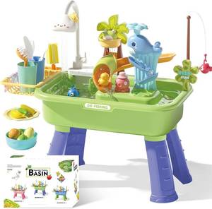 lot 5444 image: Sand and Water Table Toy for Toddlers 1-3, Fishing Game and Kitchen Sink Play, Outdoor Sensory Summer Gift for Kids