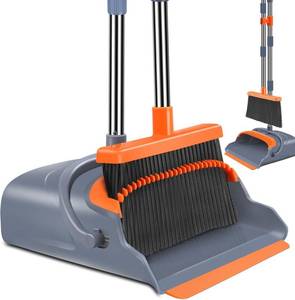 lot 5454 image: Upgrade Broom and Dustpan Set, Self-Cleaning with Dustpan Teeth, Indoor&Outdoor Sweeping, Ideal for Dog Cat Pets Home Use, Stand Up Broom and Dustpan (Gray&Orange)