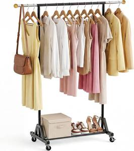 lot 5458 image: Rolling Garment Rack - Retractable Clothes Rack with Hanging Rods, Lockable Wheels and Bottom Storage Shelf - Sturdy Coat Rack, Freestanding Clothing Organizer for Bedroom, Laundry & Closet