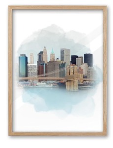 lot 5497 image: iHery 16x20in Natural OAK Wood Framed New York Skyline Wall Art  Watercolor Beige Blue Cityscape Canvas Print, Modern Dreamlike Decor for Bedroom Living Room, 1Pack
