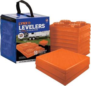lot 5503 image: Lynx Levelers 11 Pack Including 1 Lynx Cap Level Top for RVTrailerMotorhomeVanlife Interlocking Leveling Blocks with Storage Bag for Most Leveling and Stabilizing Functions. 00015, Made in USA.
