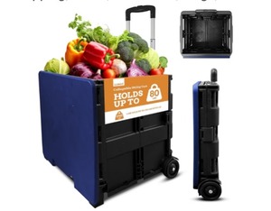 lot 5522 image: Inspired Living Collapsible Ultra-Slim Pack-N-Roll,2 Wheel Utility Cart wLid Used as Seat up to 250 Lbs, Telescopic Handle - Super Strong, for Home, Garden, Shopping, Office, School use, Large, Blue