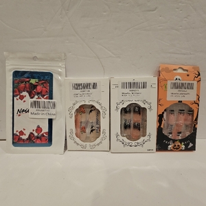 lot 624 image: Lot of 4, 3 Packs ofHalloween Press on Nails and 1 Halloween Nail Stamping Plate Nightmare Before Christmas Nails Stamping Kit The Day of Dead Ghost Holiday Nail Stamping Plate Nail Stamper