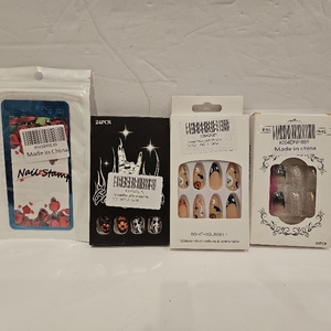 lot 627 image: Lot of 4, 3 Packs ofHalloween Press on Nails and 1 Halloween Nail Stamping Plate Nightmare Before Christmas Nails Stamping Kit The Day of Dead Ghost Holiday Nail Stamping Plate Nail Stamper