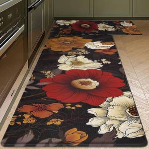 lot 5533 image: Black Boho Flora Kitchen Rugs Sets of 2, 17x3017x48