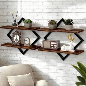 lot 5553 image: moonysweet Floating Shelves, Wall Shelf 2-Tier, 15 Inch Wall Mounted Storage Shelves Set of 2, Hanging Shelves Brown and Black, for Living Room, Bathroom Kitchen Bedroom Rustic