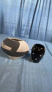 lot 3016 image: Decorative Vessels Lot of 2 - Black Spiky and TanBlack