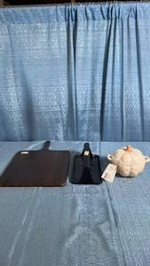 lot 3021 image: Lot of Various Cookware and Utensils, Wood Cutting Board, Blackstone Grill Press and Pumpkin Shaped Bakeware