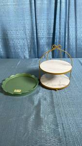 lot 3027 image: 2-Piece Lot Room Essentials Ceramic Tray & 2-Tier Faux Marble Storage Stand