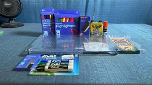 lot 8027 image: Art Supply Lot Mechanical Pencils, Highlighters, Colored Pencils, Markers, Eraser, Planner