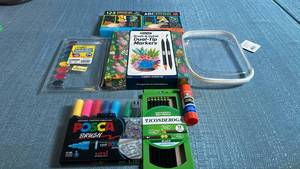lot 8029 image: Art Supplies Lot Crayola Markers, Pencils, Watercolors, Scratch Stickers, Glue