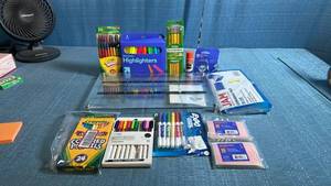 lot 8030 image: Art Supply Lot Crayola Colored Pencils Highlighters Markers Fineliners Labels Tape