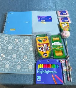 lot 8035 image: School Supplies Lot Notebooks Folders Crayons Pencils Highlighters