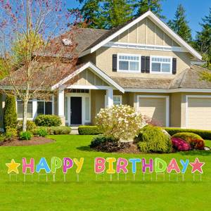 lot 4091 image: Happy Birthday Yard Signs 16 with Metal Stakes, Premium Glossy Rainbow Lawn Letters for Outdoor Parties and Celebrations, Made from Sturdy Corrugated Plastic With Bonus Stars