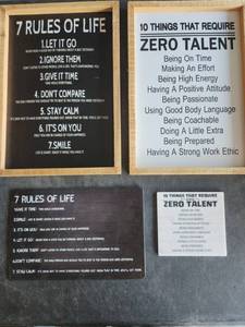 lot 4127 image: Motivational Wall Art Signs 7 Rules of Life 10 Things Zero Talent Framed Set