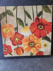 lot 4131 image: Floral Wall Art Canvas Print Red Orange Yellow Flowers Green Stems