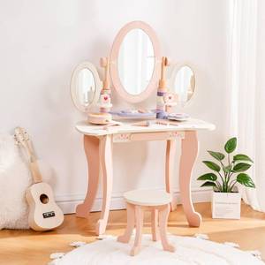 lot 4137 image: ROBOTIME Kids Vanity Set with Mirror and Stool �� Wooden Pink Makeup Table with 11 PCS Accessories �� Play Beauty Dresser with Mirrors, Drawer�� Kids Vanity Table and Chair Set for Girls Ages 3