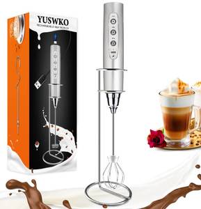 lot 4155 image: YUSWKO Handheld Milk Frother Wand for Coffee, Rechargeable Electric Whisk with 3 Heads 3 Speeds Drink Mixer Coffee Frother For Latte, Cappuccino, Hot Chocolate, Egg, Silver with Holder