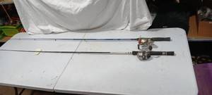 lot 36019 image: Blue Firebird Shakespear Pole w a Rainier 35 Reel and Tebco 33 Pole and Reel