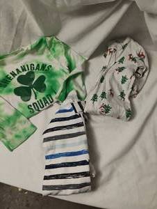 lot 35697 image: CHILDRENS St. Patricks Day T-shirt size 2T, striped sleeper onesie size 3m, Christmas onesie size 3-6m
