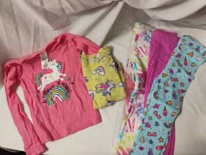 lot 35699 image: CHILDRENS pink unicorn long sleeve shirt size 5T, yellow long sleeve size 3T, set of 3 pants size 3T