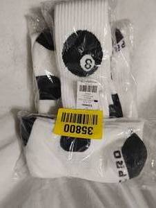 lot 35800 image: new-unisex white 8 ball crew sock size L 10 pk
