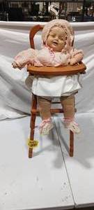 lot 36021 image: Antique Plastic Baby Doll w Wooden Highchair