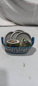 lot 36050 image: Hand Made Mexico Salt & Pepper Shaker w Xcell Coasters and Glass Basket (Made in China)