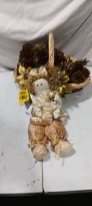 lot 35934 image: Decorative Christmas rag doll, wicker basket with pinecones