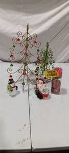 lot 35936 image: Christmas bundle. Two tabletop decorative Christmas trees, Santa and Snowman, set of Christmas ornaments.