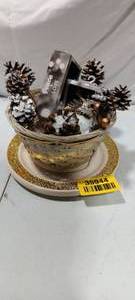 lot 35944 image: Christmas pine cone with angels in basket with holiday plates